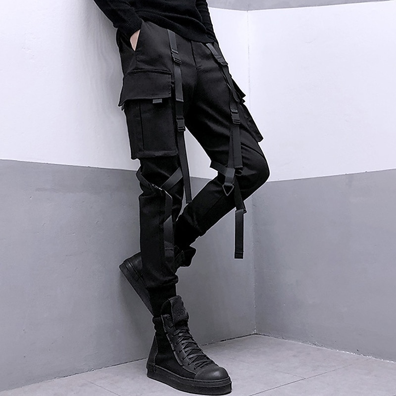 2026年 男性用 カーゴパンツ ズボン クロップドパンツ テックウェア バックルストラップ 平織り 履き心地よい 高通気性 アウトドア 日常 お出かけ ファッション ストリートファッション ブラック  コレクション – $29.99 –P4
