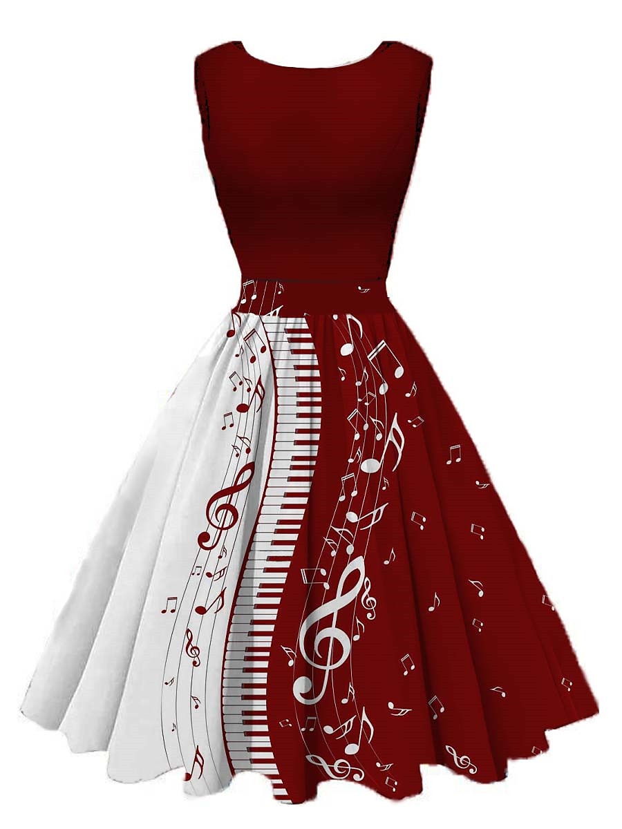 Damen Retro 1950er Jahre Vintage Teekleider Midikleid Täglicher Urlaub Rüschendruck Hinweis Rundhalsausschnitt Ärmellos Schlank Sommer Frühling 2023 Schwarzwein S M L XL 2025 - $35.99 –P3