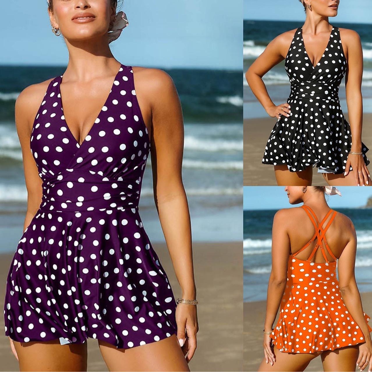 1 pcs Badkläder One-piece Baddräkter Retro / vintage Femtiotal Dam Prickig Polyester Svart Blå Klänning 2025 - $30.99 –P1