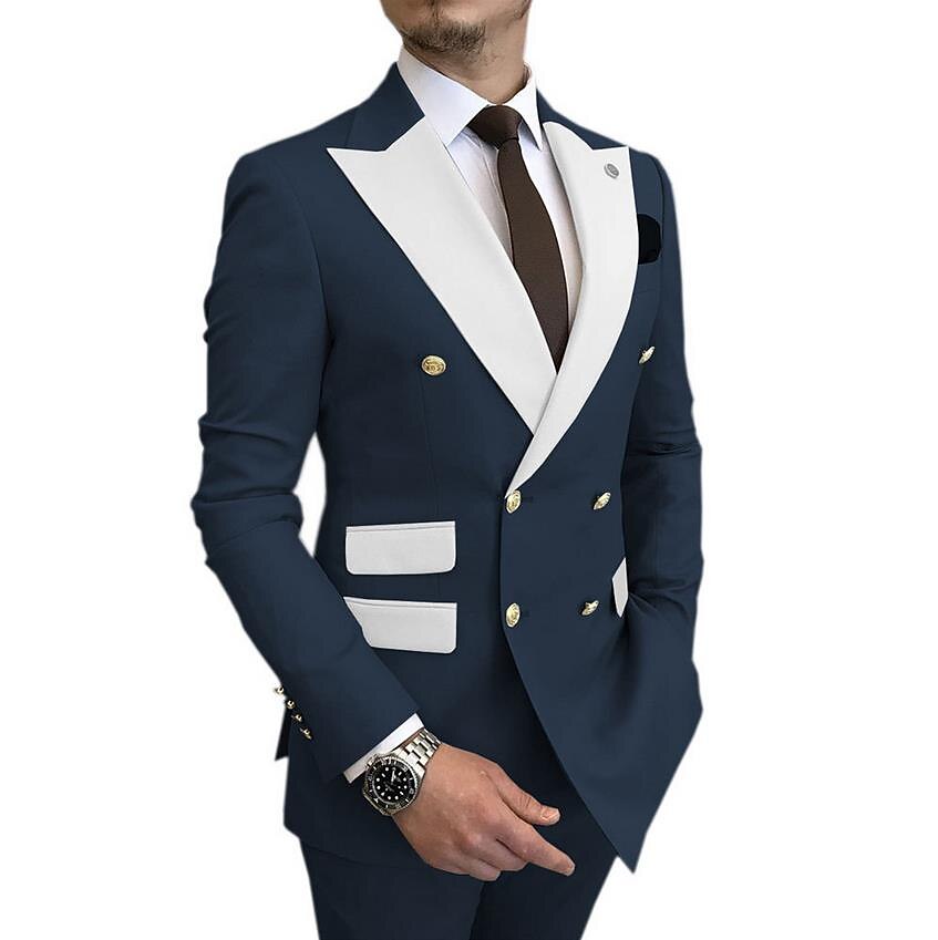 Heren Trouwen Prom Pakken Champagne Blauw Effen Kleur Standaard Fit 2 Delig Dubbel Breasted Zes-knopen 2025 - $131.99 -P10