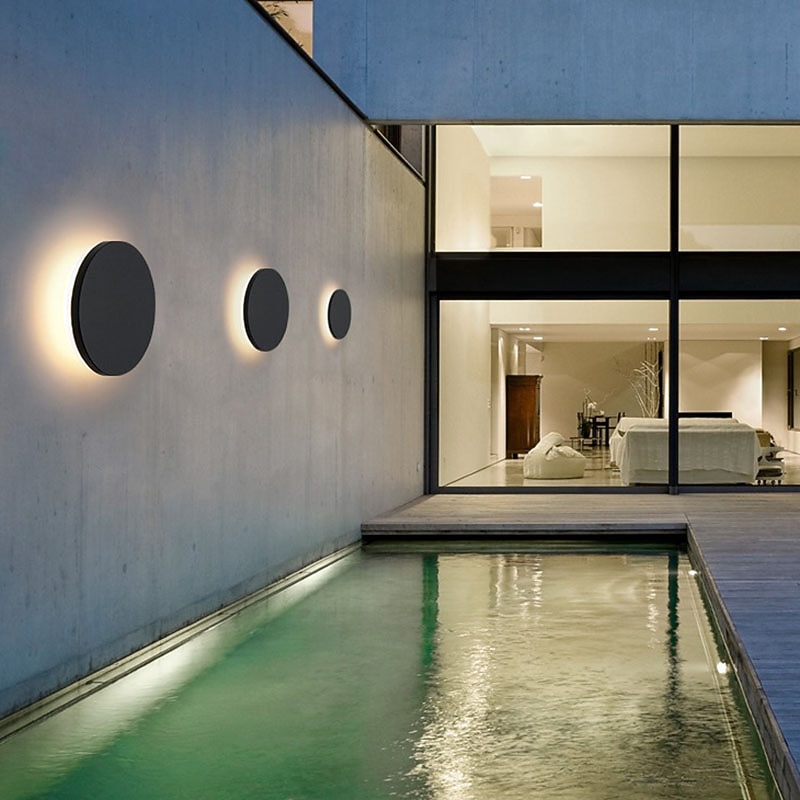 светодиодный наружный настенный светильник водонепроницаемый дизайн круга черный теплый белый / белый настенное освещение ip65 водонепроницаемый акриловый металлический наружный настенный светильник 2025 - $66.99 –P8