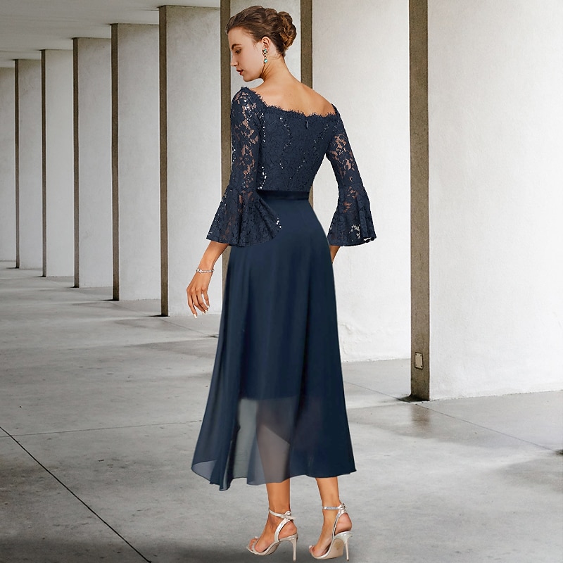 Twee Delige Sheath Moeder van de Bruid Jurk Formele Bruiloft Gast Elegante Feest Off Shoulder Knie Lengte Chiffon Kant Imiteerde Zijde 3/4 Lengte Mouw met Strik(ken) 2025 gratis op maat 2025 - $155.99 –P3