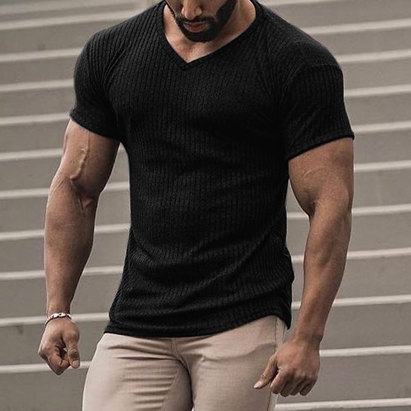 Herren T Shirt Geripptes Strick-T-Shirt T-Shirt Kurze Ärmel V Ausschnitt Sommer Einfach Designer Basic Moderne zeitgenössische Urlaub Straße Ausgehen Schwarz Weiß Kaffee Top T-Shirt für Herren 2025 - $17.99 –P3