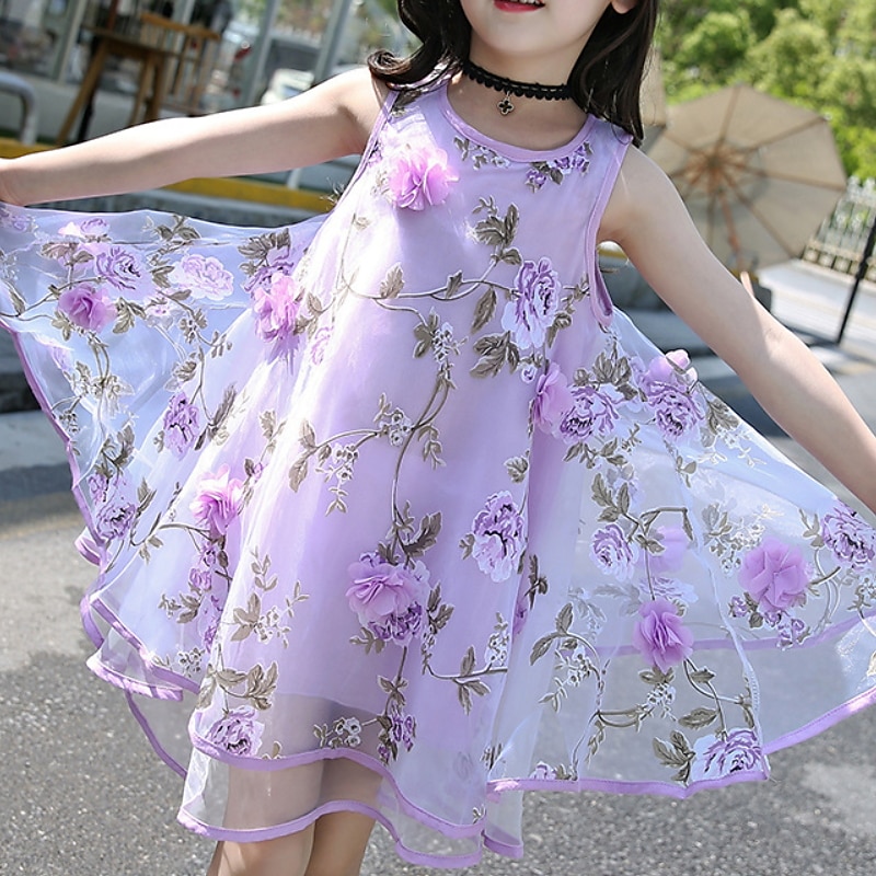 Kids Girls' Dress Flower Sleeveless Casual Active Daily Cotton Above Knee Casual Dress Floral Dress Summer Spring 4-12 Years Yellow Pink Purple 2025 - $27.99 –P8