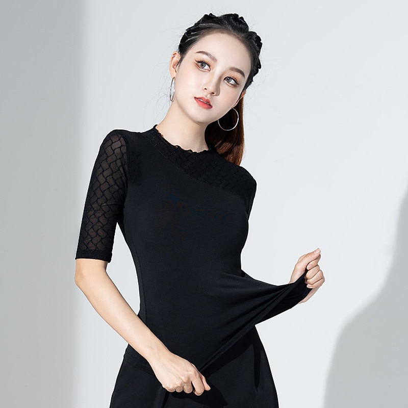 Baile Latino Baile de Salón Cima Estampado Fruncido Color Puro Mujer Rendimiento Entrenamiento Media Manga Cintura Alta Poliéster 2026 - $35.99 –P5