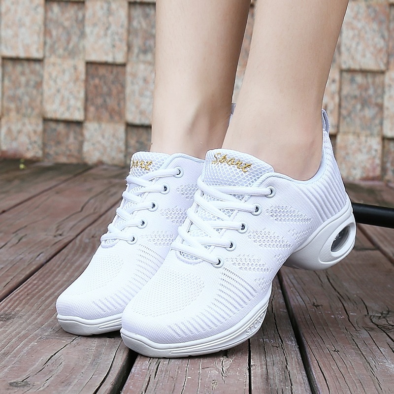 Witte mesh ademende jazzdanssneakers voor dames – lichtgewicht veterschoenen met luchtkussen voor fitness, zumba, hiphop en training 2025 - $34.99 –P1