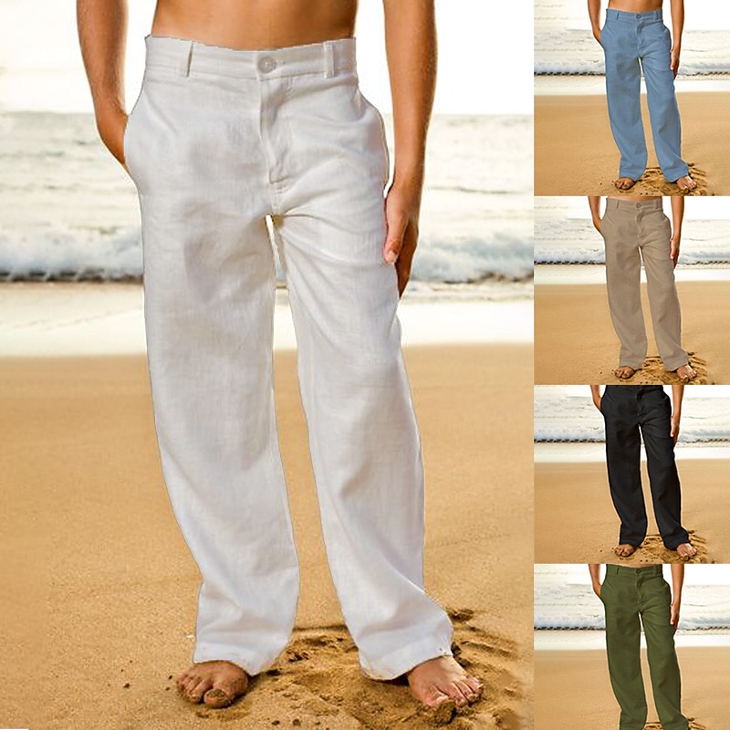 2026年 男性用 リネンパンツ ズボン サマーパンツ ビーチパンツ フロントポケット まっすぐな足 平織り 履き心地よい 高通気性 カジュアル 日常 祝日 ファッション ベーシック ブラック ホワイト  コレクション – $28.99 –P5