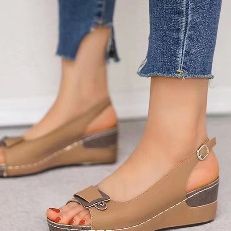 Damsandaler med slingback och kil, peep toe och justerbart spänne, bekväma platåskor för promenader, vardagliga sommarkläder och resor 2025 - $24.99 –P2