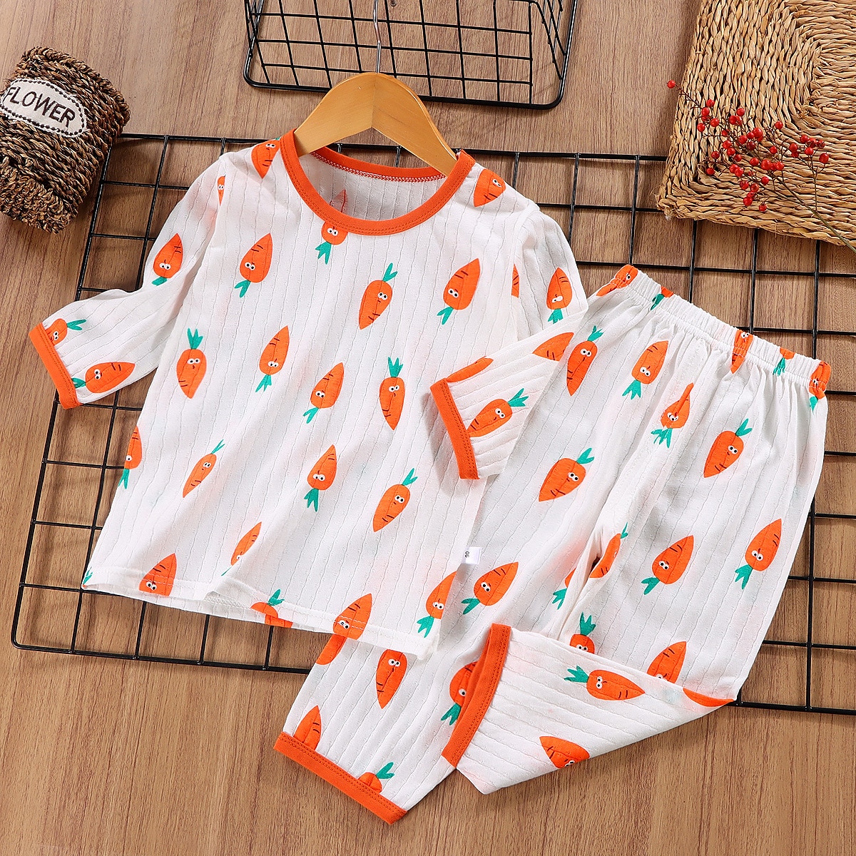 Conjuntos de pijama de 2 piezas para niños, manga 3/4, manga 3/4, manga tres cuartos, diseño de oso cereza, manga tres cuartos, conejo morado, dibujos animados, cuello redondo, verano, primavera, uso diario, hogar, 3-7 años 2025 - $11.99 –P4