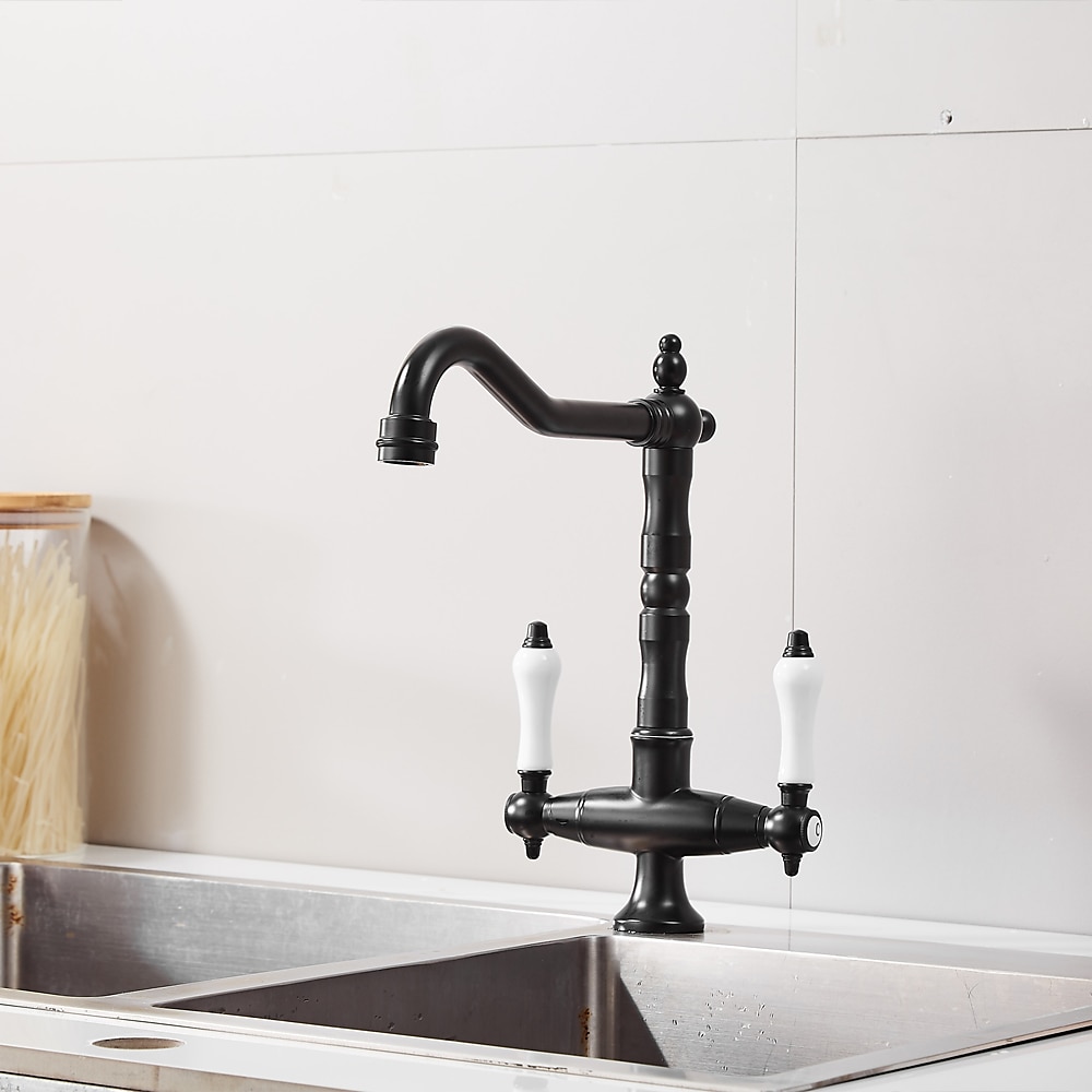 Twin Lever Traditional Kitchen Sink Mixer Taps, Dual Lever Cold and Hot Faucet Deck Mounted, 360° Swivel Spout Sink Tap with 2 Ceramic Handles, Antique Brass Classic Double Handle for Kitchen Bathroom 2025 - $113.99 –P8