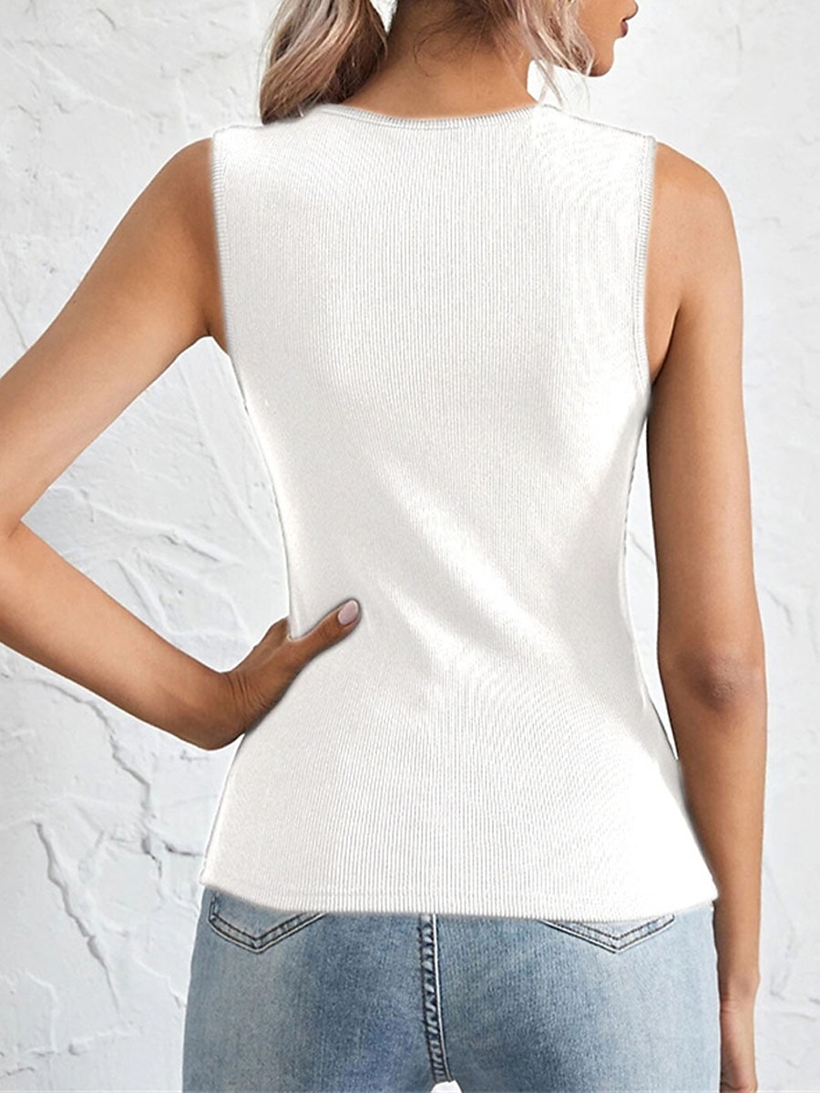 Women's Sweater Vest U Neck Ribbed Knit Polyester Cold Shoulder Summer Spring Outdoor Daily Going out Stylish Sexy Soft Sleeveless Solid Color Black White Khaki S M L 2023 - US $18.49 –P9