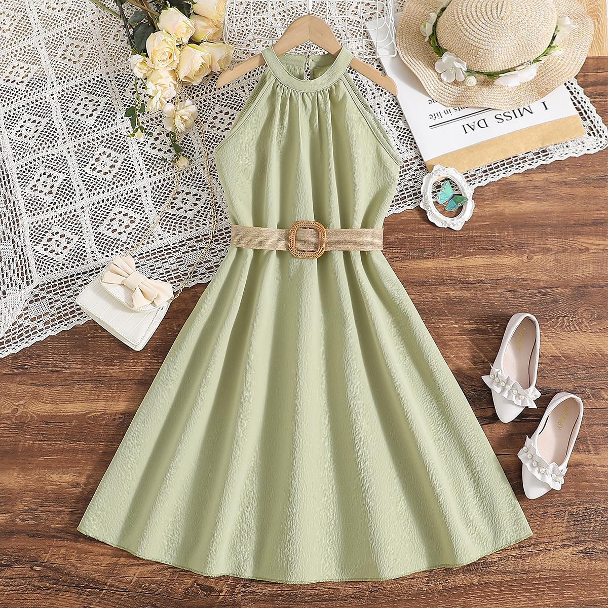 Kids Girls' Dress Solid Color Halter Neck Dress Above Knee Dress School Halter Off Shoulder Sleeveless Fashion Dress 7-13 Years Summer Light Green 2025 - $22.99 –P1