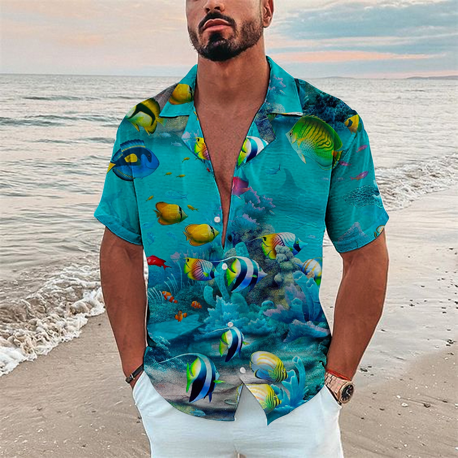 Homme Tropical Poissons Monde sous marin Chemise Chemise hawaïenne Chemise Camp Manche Courte Chemise Col rabattu Mode Design Décontractées Extérieur Plein Air Casual Mer bleue Noir bleu marine 3D de 2025 ? $24.99 –P7