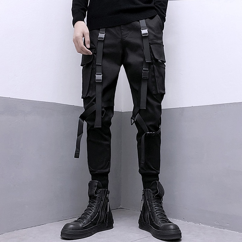 2026年 男性用 カーゴパンツ ズボン クロップドパンツ テックウェア バックルストラップ 平織り 履き心地よい 高通気性 アウトドア 日常 お出かけ ファッション ストリートファッション ブラック  コレクション – $29.99 –P5