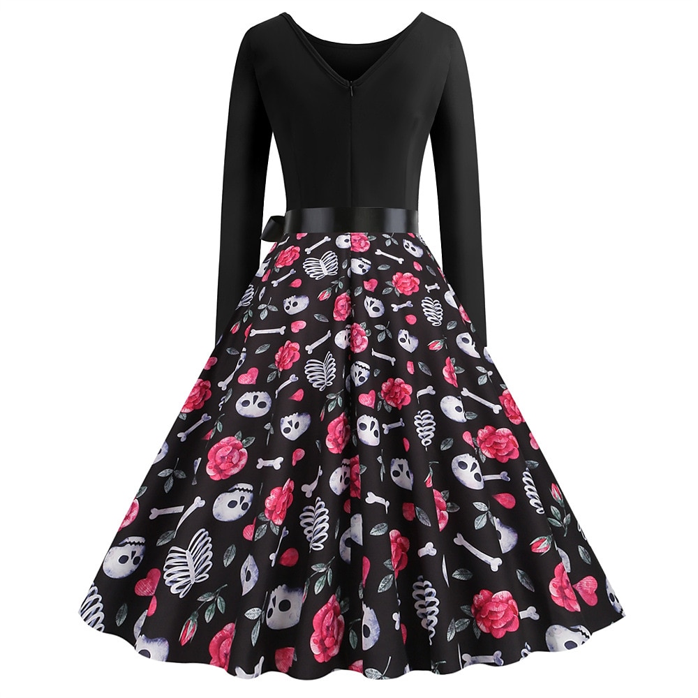 Jaren '50 Retro vintage Over de knie Jurken Swing Jurk Flare Jurk Lange Mouwen Halloween Wijd uitlopend Schommel Kostuum Dames Halloween Halloween Volwassenen Kleding 2026 - $27.99 –P8