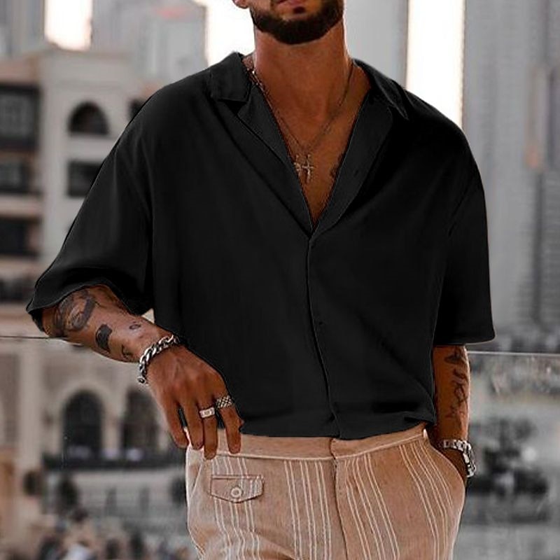 Men's Shirt Cuban Collar Shirt Button Up Shirt Black White Navy Blue Brown Green Short Sleeve Plain Camp Collar Vacation Daily Clothing Apparel Cotton Cotton Blend Fashion Casual Comfortable 2025 - $21.99 –P6