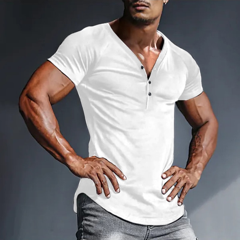 Men's Button T Shirt T Shirt Henley Shirt Tee Top Short Sleeves V Neck Summer Plain Designer Basic Modern Contemporary Buttons Vacation Street Going out Black White Navy Blue Top Tee for Men 2025 - $14.99 –P2