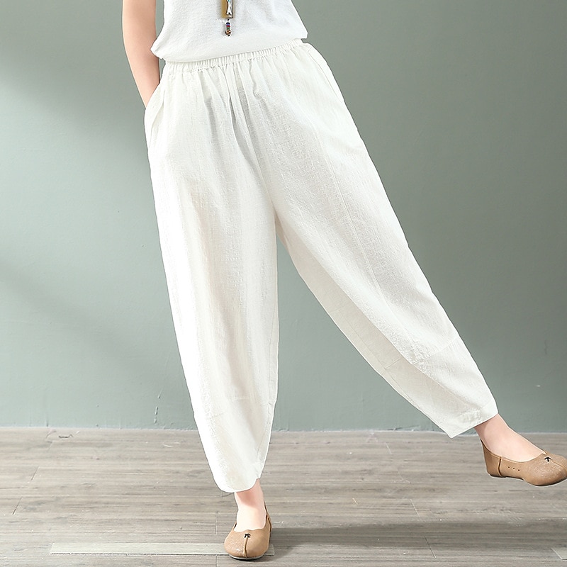 Women's Linen Pants Pants Trousers Baggy Full Length Faux Linen Side Pockets Baggy Fashion Casual Daily Black White M L 2023 - US $16.99 –P6