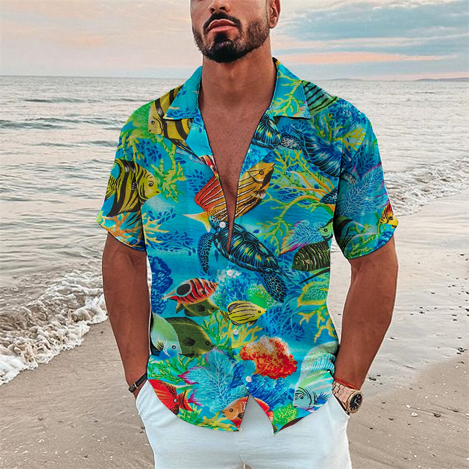 Homme Tropical Poissons Monde sous marin Chemise Chemise hawaïenne Chemise Camp Manche Courte Chemise Col rabattu Mode Design Décontractées Extérieur Plein Air Casual Mer bleue Noir bleu marine 3D de 2025 ? $24.99 –P5