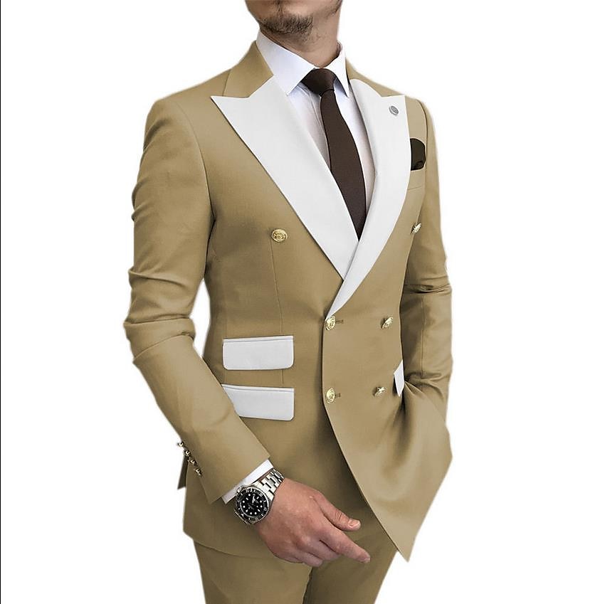 Heren Trouwen Prom Pakken Champagne Blauw Effen Kleur Standaard Fit 2 Delig Dubbel Breasted Zes-knopen 2025 - $131.99 -P11