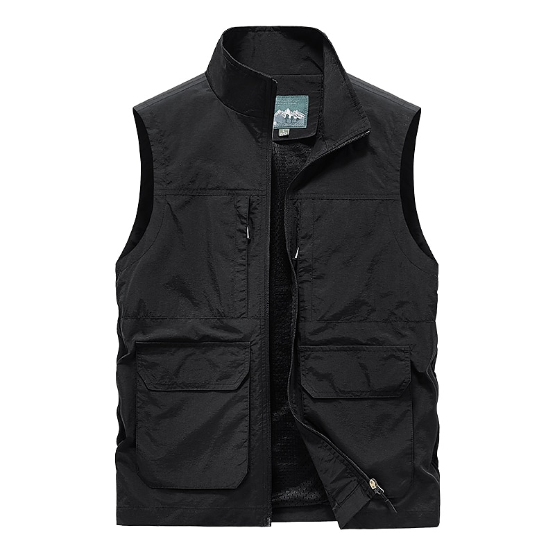 Men's Fishing Vest Sleeveless Vest Outdoor Modern Contemporary All Seasons Multi Pocket Chinlon Outdoor Solid / Plain Color Zipper Standing Collar Standard Fit Black ash-colored khaki Army Green Vest 2025 - $36.99 –P2