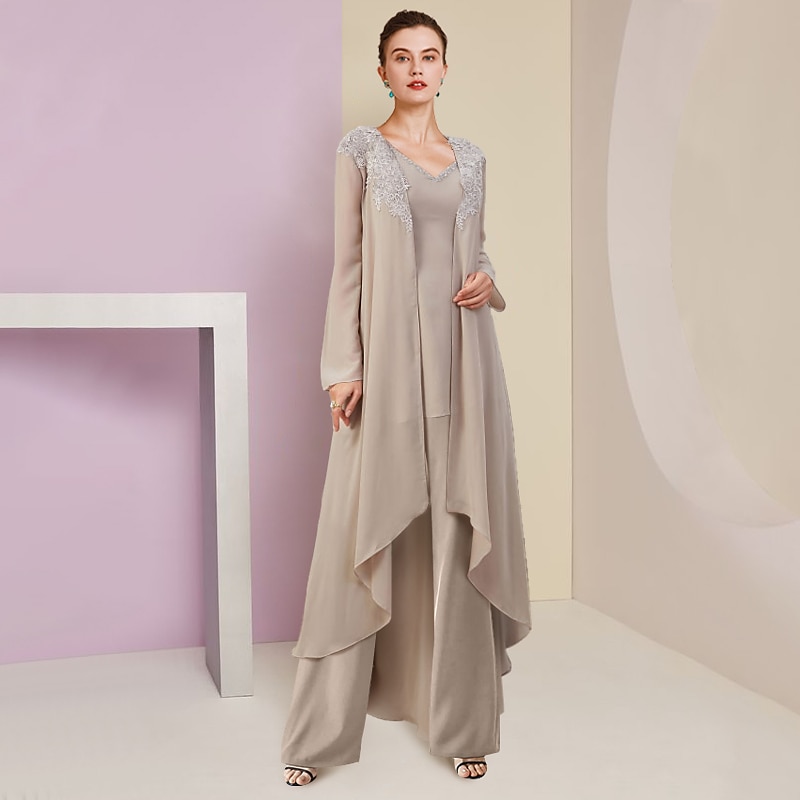 Tengerparti esküvői overál  nadrágszoknya 3 részes az anyának formális esküvői vendég elegáns V-nyakú földig érő chiffon csipkével ujjatlan beépített gyöngyökkel díszítve 2025 - $179.99 –P1