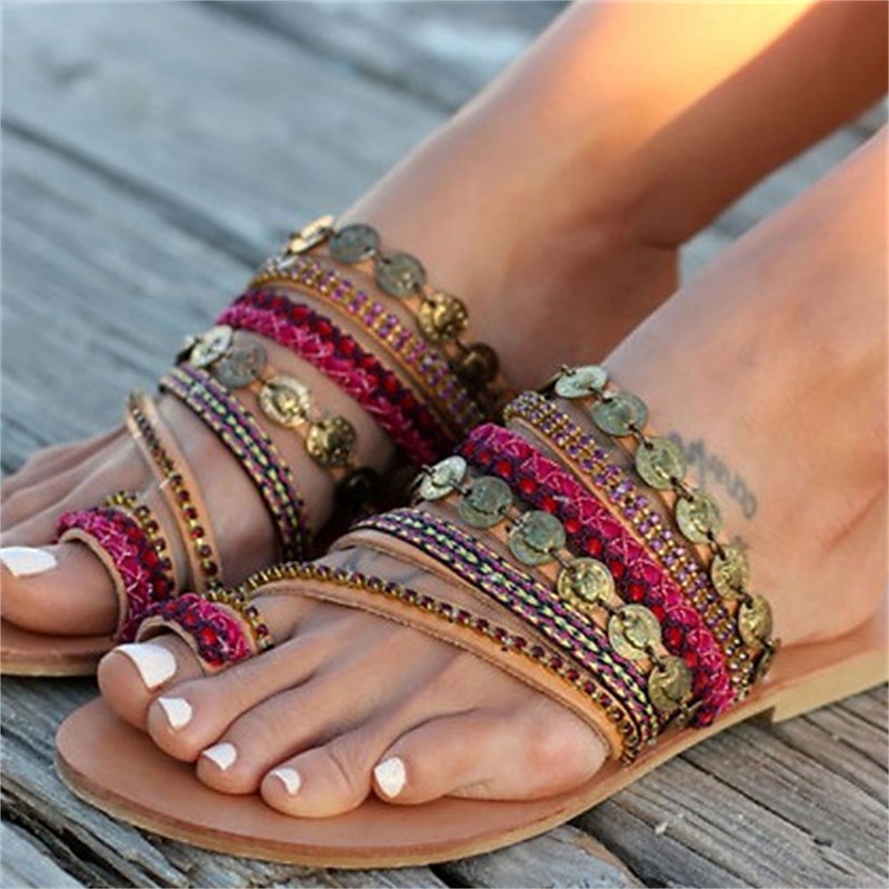 Damesandaler med bohemsk tåring, flate sandaler med flerfargede flettede stropper og myntutsmykninger, etniske slip-on sommersko for strand, festivaler og uformelle antrekk 2025 - $26.99 –P3
