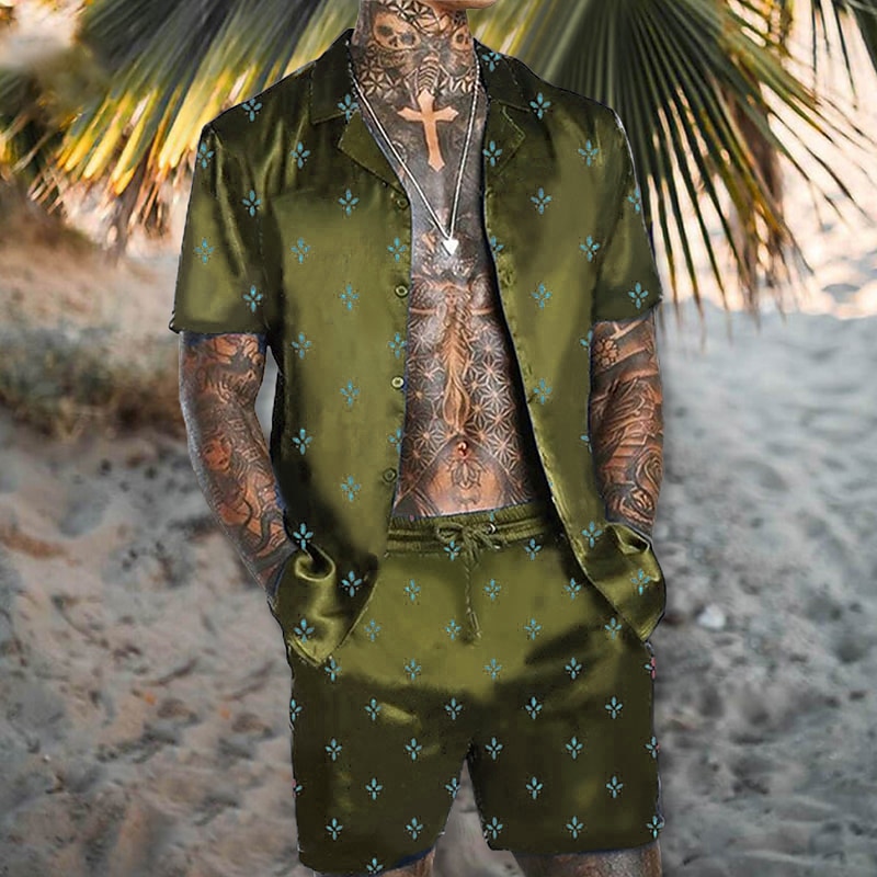 Herr Blommig Geometriska mönster 2st Skjortor Set Hawaii skjorta Kortärmad Korta byxor Nedvikt Tropisk Mode Hawaiisk Ledigt Helgdag Strand Mönster Sommar Vår Ljusgrön Rubinrött Blå 2025 - $34.99 –P3