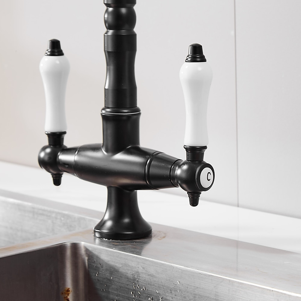 Twin Lever Traditional Kitchen Sink Mixer Taps, Dual Lever Cold and Hot Faucet Deck Mounted, 360° Swivel Spout Sink Tap with 2 Ceramic Handles, Antique Brass Classic Double Handle for Kitchen Bathroom 2025 - $113.99 –P6