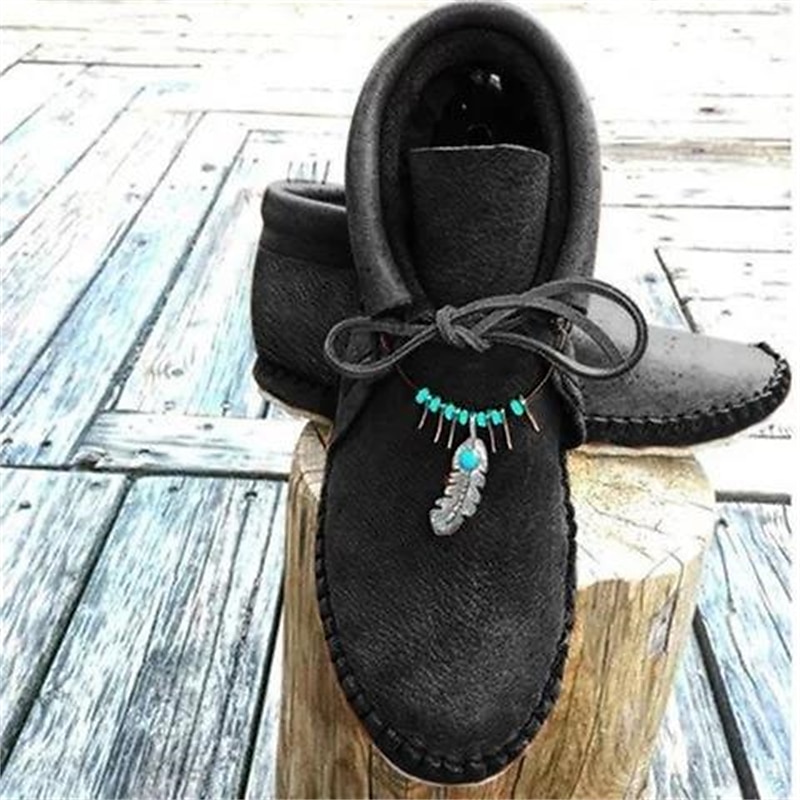 Botas femininas de cano curto mocassim de couro sintético com detalhes de penas e contas, calçados casuais confortáveis para uso ao ar livre e no dia a dia de 2025 por $42.99 –P3