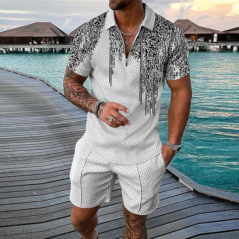 Bărbați Imprimeu Grafic Geometrie Tricou POLO Cămașă de golf Set polo Manșon scurt Cămașă Răsfrânt Stradă Casual Caisă Negru Alb Fermoar Imprimeu Îmbrăcăminte Modă Designer Casual Respirabil 2025 - $31.99 –P2