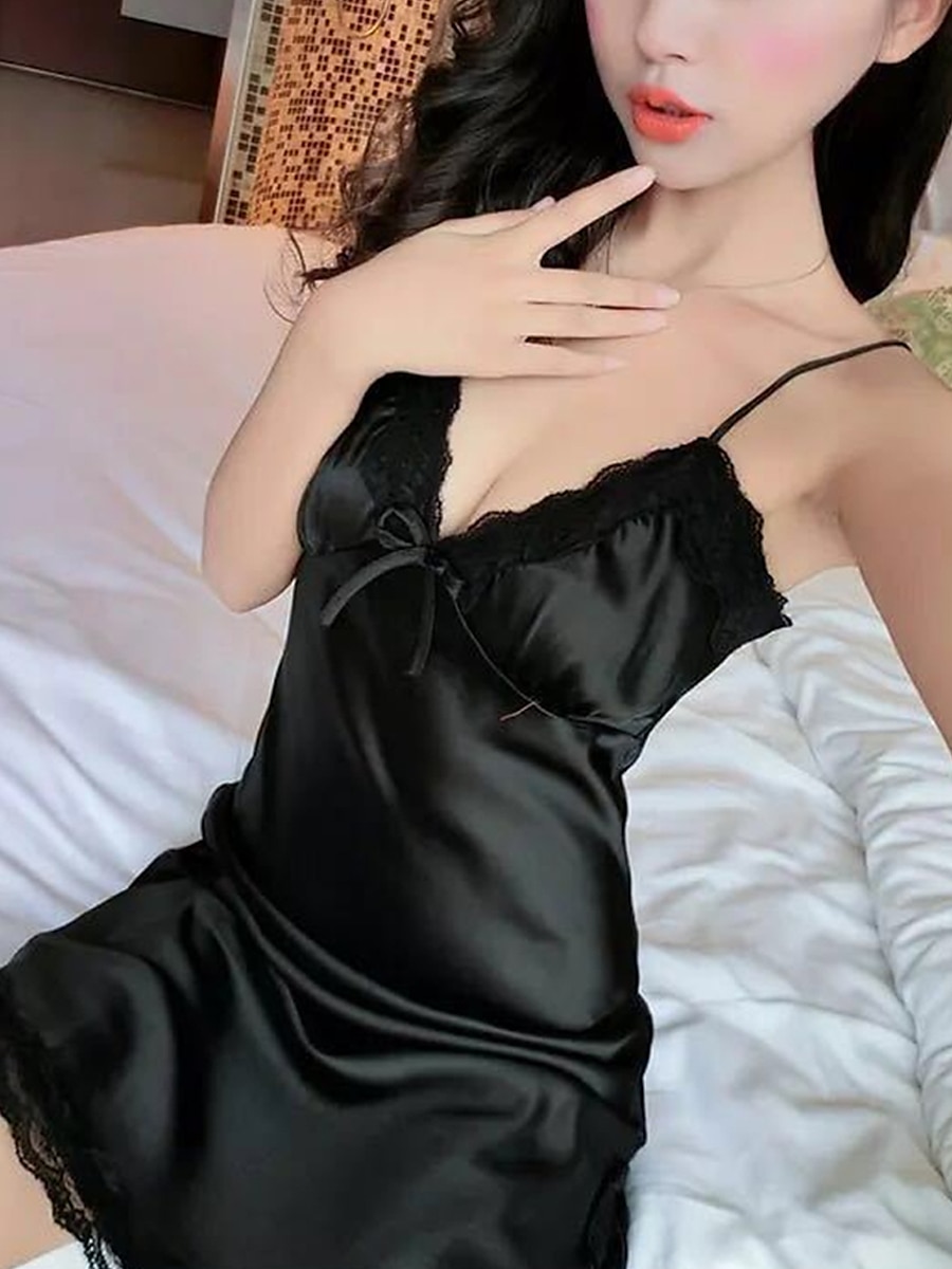 dámské valentýnské noční šaty sexy spodní prádlo saténové krajkové společenské šaty letní černé šaty minišaty roztomilé bez zad jednobarevný pásek salonek černá bílá léto jaro domů oblečení rande 2025 - $16.99 –P5