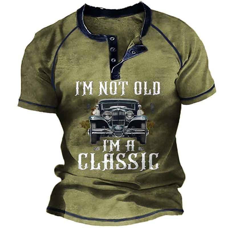 Miesten graafinen t-paita Hauska 'En ole vanha olen klassinen vintage-auto' lyhythihainen henley 2026 - $23.99 –P3