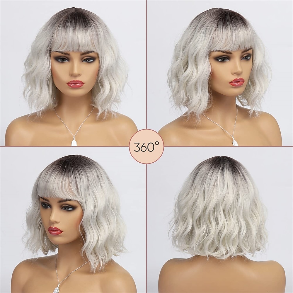 korte wit zilveren pruiken voor vrouwen ombre zwart en grijs krullend pruik met pony halflang synthetisch haar water wave bob pruik grijze kleurrijke pruiken 2025 - $24.99 –P6