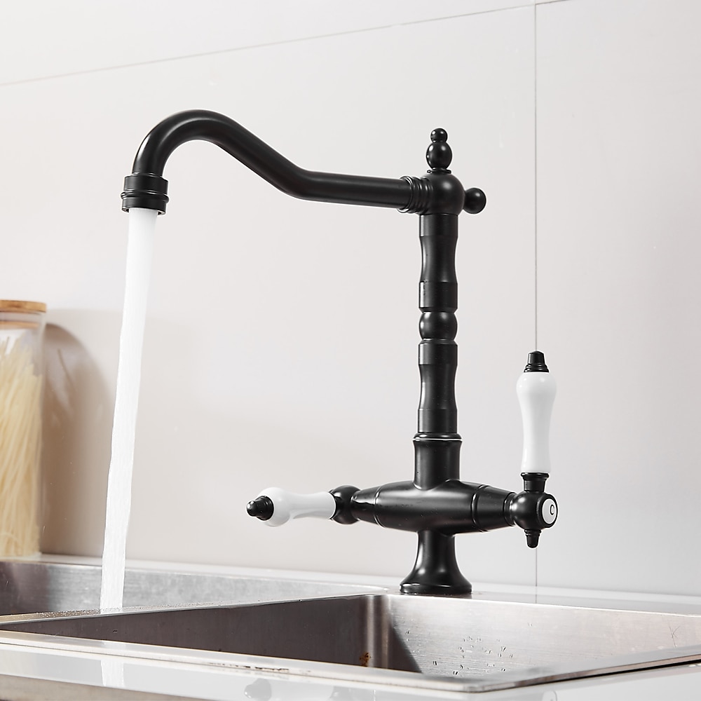 Twin Lever Traditional Kitchen Sink Mixer Taps, Dual Lever Cold and Hot Faucet Deck Mounted, 360° Swivel Spout Sink Tap with 2 Ceramic Handles, Antique Brass Classic Double Handle for Kitchen Bathroom 2025 - $113.99 –P10