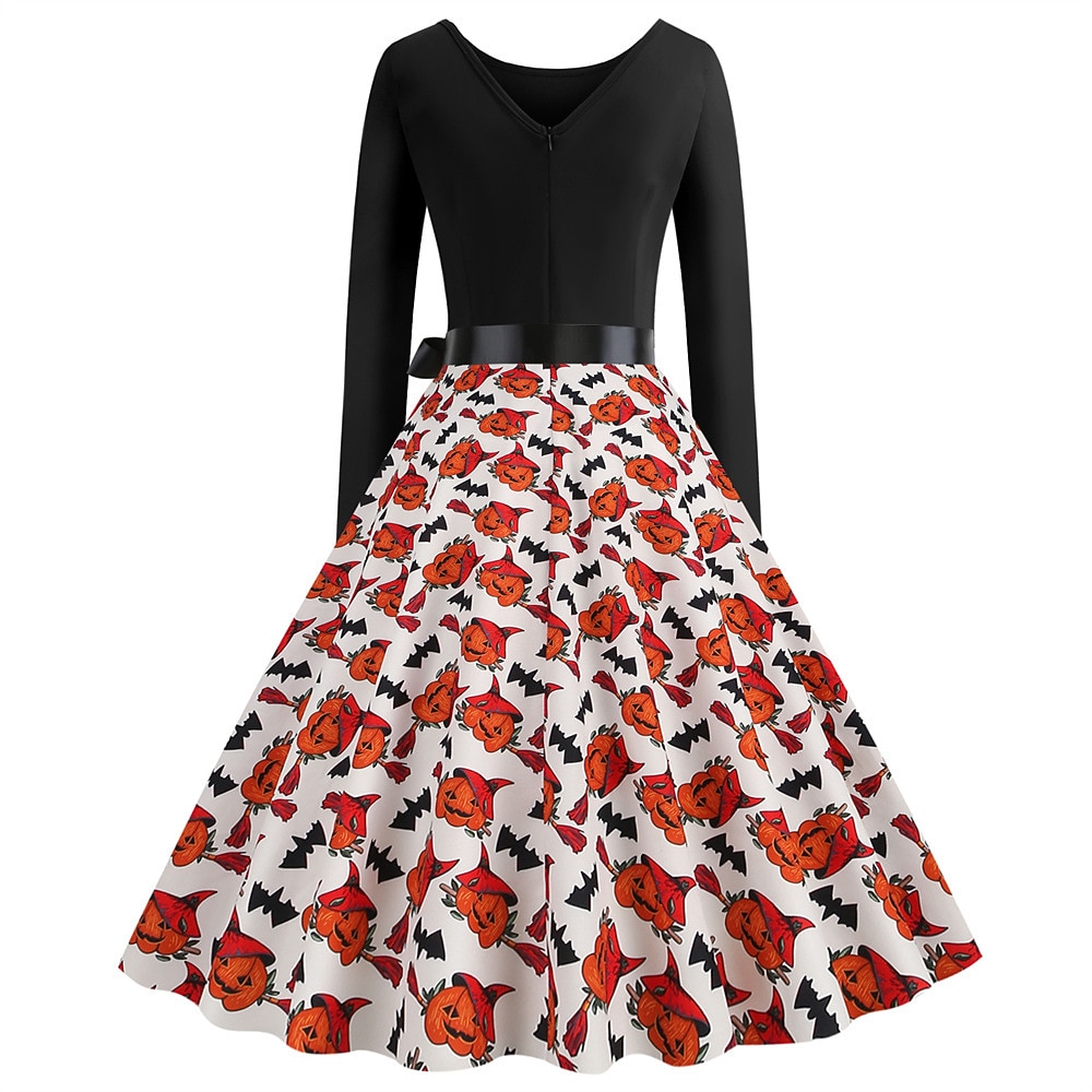 Jaren '50 Retro vintage Over de knie Jurken Swing Jurk Flare Jurk Lange Mouwen Halloween Wijd uitlopend Schommel Kostuum Dames Halloween Halloween Volwassenen Kleding 2026 - $27.99 –P16