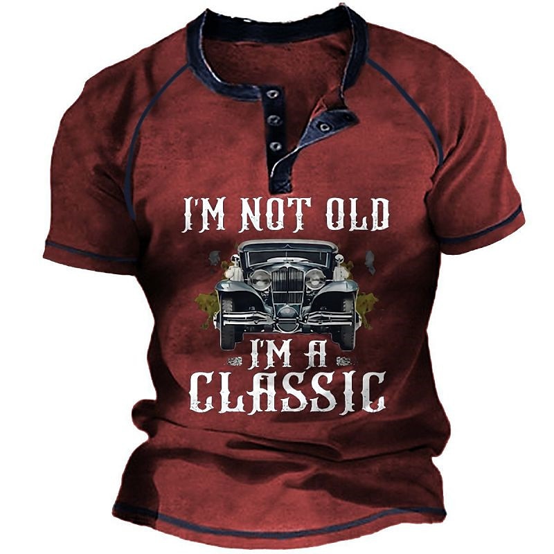 Miesten graafinen t-paita Hauska 'En ole vanha olen klassinen vintage-auto' lyhythihainen henley 2026 - $23.99 –P5