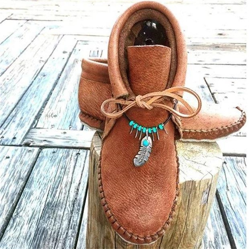 Botas femininas de cano curto mocassim de couro sintético com detalhes de penas e contas, calçados casuais confortáveis para uso ao ar livre e no dia a dia de 2025 por $42.99 –P6