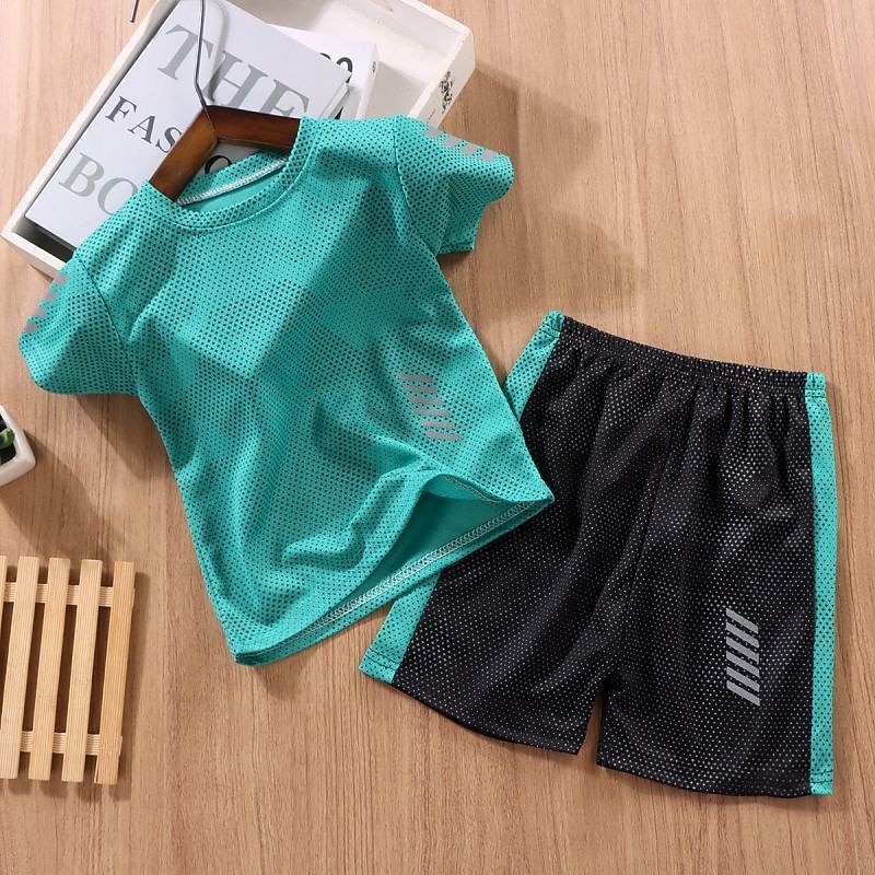 2 delar Barn Pojkar Träningsoveraller Utrusta Färgblock Kortärmad Crewneck Bomull Uppsättning Sport Sommar Vår 7-13 år Vit Gul Ljusgrön 2025 - $14.49 –P5