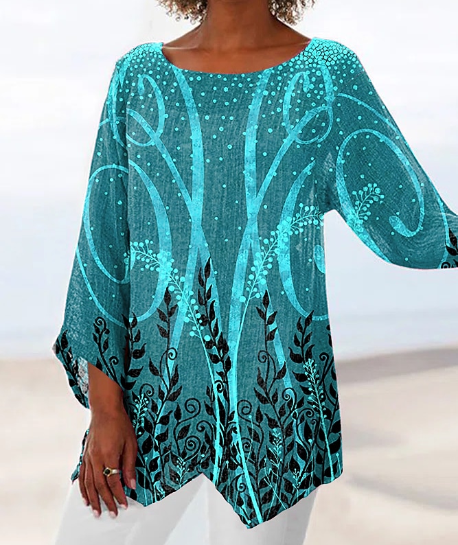 Blouse femme chiffon basique quotidienne à feuilles imprimé manches longues hauts longs col rond décontracté vacances bleu vert gris automne hiver de 2025 ? $24.99 –P5