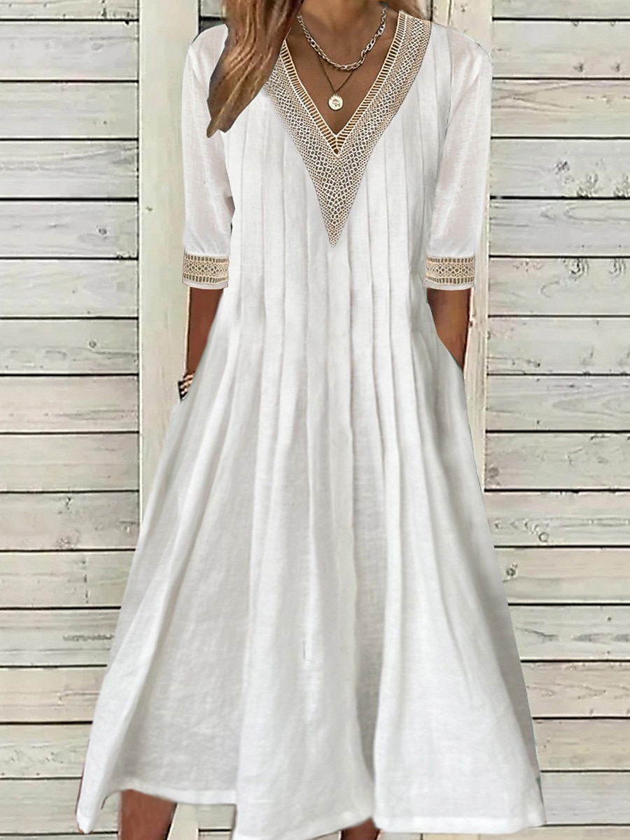 Women's Casual Dress Cotton Linen Dress Swing Dress Midi Dress Cotton Blend Fashion Basic Outdoor Daily Vacation V Neck Patchwork Pocket Half Sleeve Summer Spring Fall 2023 Regular Fit White Pure 2023 - US $31.99 –P1