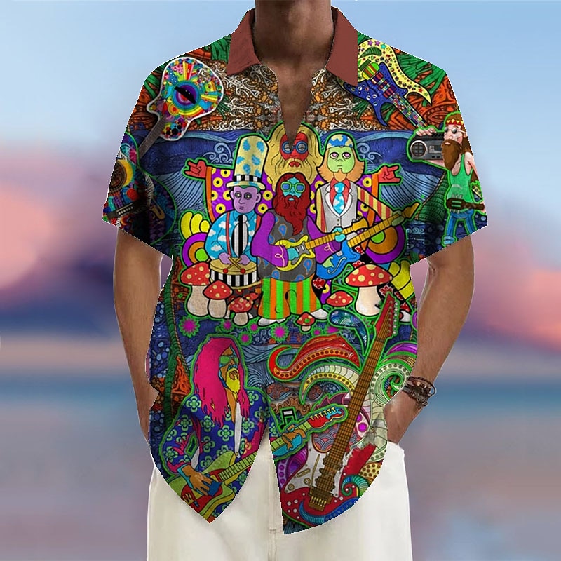 Herr Musik Guitarr Rock and Roll Skjorta Hawaii skjorta Knapp upp skjorta Kort ärm Mode Streetwear Designer Utomhus Gata Ledigt Sommar Vår Nedvikt Mönster Aprikos Gul Blå Grön Regnbåge 2025 - $24.99 –P1
