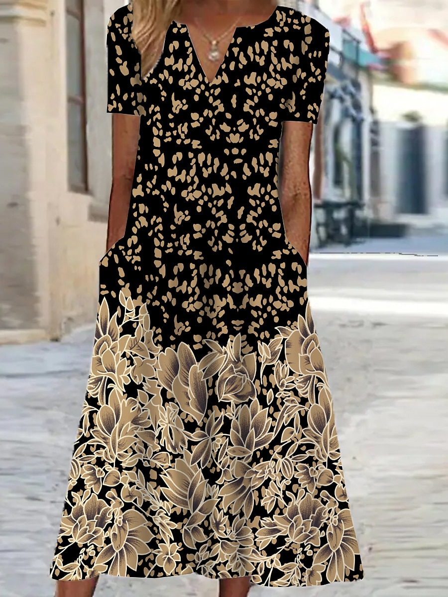 Dame Midi Kjole Shift Kjole Blomster Lomme Print V-hals Ferie Korte Ermer Sommer Vår 2025 - $36.99 –P4