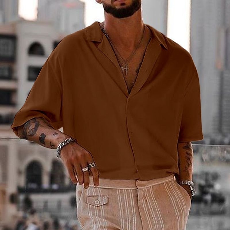 Men's Shirt Cuban Collar Shirt Button Up Shirt Black White Navy Blue Brown Green Short Sleeve Plain Camp Collar Vacation Daily Clothing Apparel Cotton Cotton Blend Fashion Casual Comfortable 2025 - $21.99 –P4