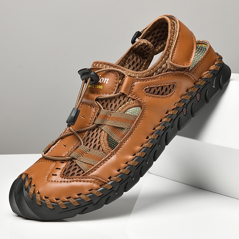 Sandali da uomo traspiranti in similpelle per esterni – scarpe sportive da pescatore con punta chiusa e lacci elastici regolabili per escursionismo, passeggiate e abbigliamento casual estivo del 2026 a $46.99 –P1