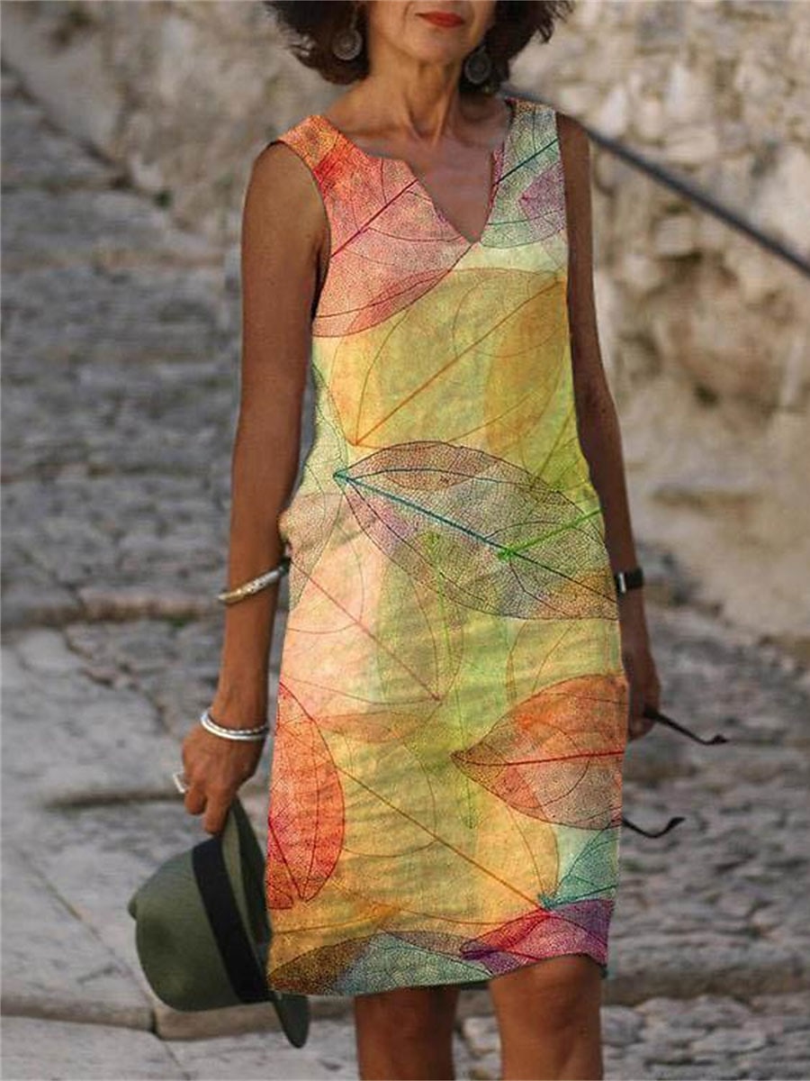 Pentru femei Rochii Midi Rochie Tip Maieu Rochie de vară Rochie imprimata Modă Șic Stradă De Bază În aer liber Vacanță Stradă Potrivire Largă Floral Frunză Manșon scurt În V Galben Albastru piscin 2025 - $19.99 –P1