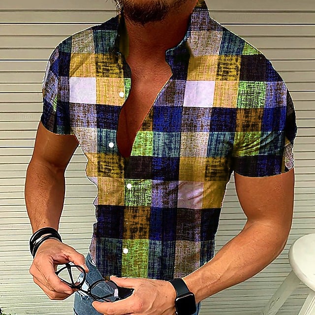 Voor heren Raster Overhemd Overhemd met knopen Korte mouw Modieus Ontwerper Casual Buiten Feestdagen Zomer Lente Strijkijzer Lapwerk Afdrukken Button-omlaag Geel Rood blauw Paars Groen 2025 - $24.99 –P5