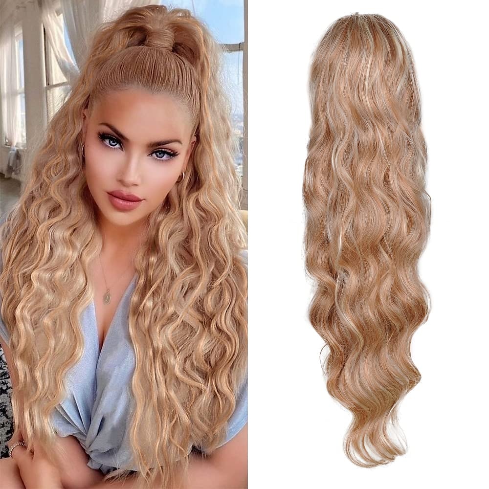 24 pouces long corps vague queue de cheval extension de cheveux synthétique résistant à la chaleur enveloppement autour cordon bouclés ondulés queue de cheval postiches pour les femmes de 2025 ? $6.99 –P4
