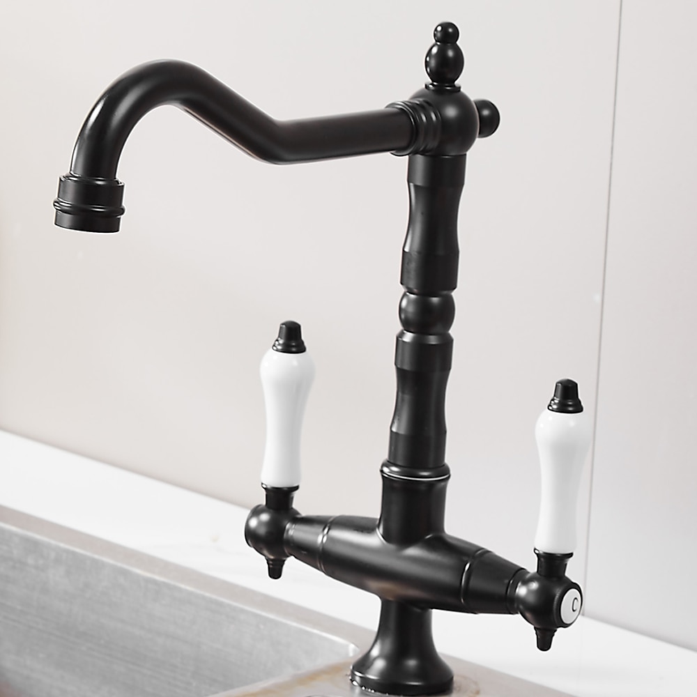 Twin Lever Traditional Kitchen Sink Mixer Taps, Dual Lever Cold and Hot Faucet Deck Mounted, 360° Swivel Spout Sink Tap with 2 Ceramic Handles, Antique Brass Classic Double Handle for Kitchen Bathroom 2025 - $113.99 –P9