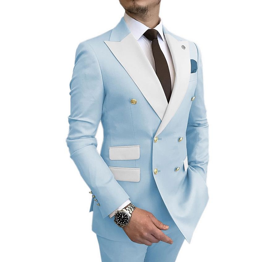 Heren Trouwen Prom Pakken Champagne Blauw Effen Kleur Standaard Fit 2 Delig Dubbel Breasted Zes-knopen 2025 - $131.99 -P13
